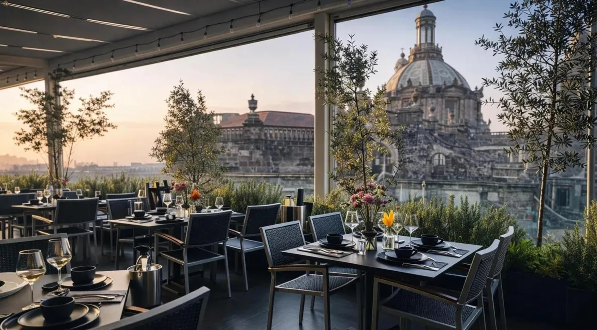 Rooftop restaurant terrace at Hotel Catedral at dawn, with the dome of Mexico City's Metropolitan Cathedral behind the tables