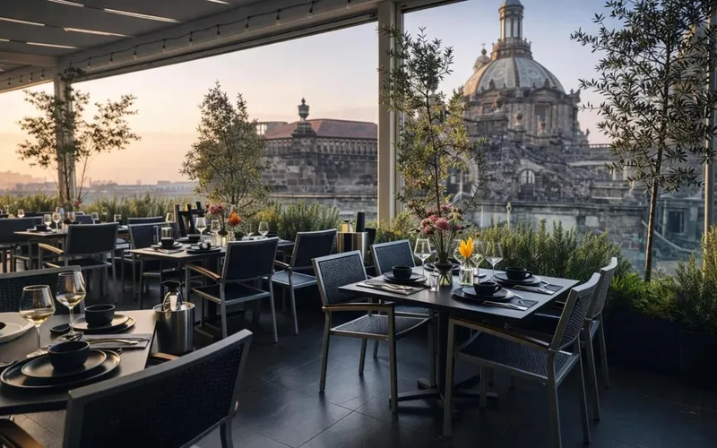 Rooftop terrace tables at Hotel Catedral with the dome of Mexico City's Metropolitan Cathedral behind